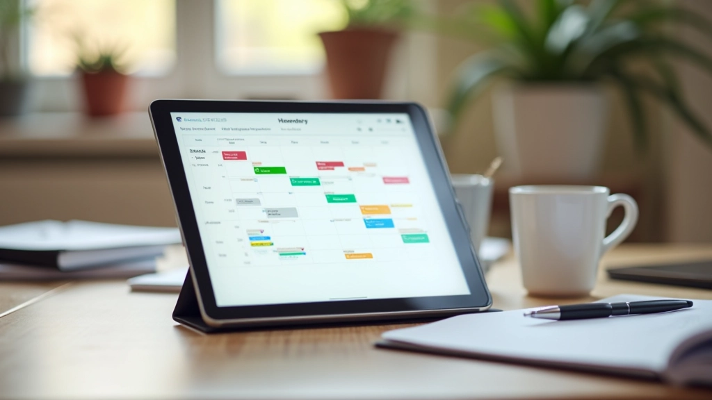 Agenda digital em tablet mostrando calendário e tarefas atribuídas