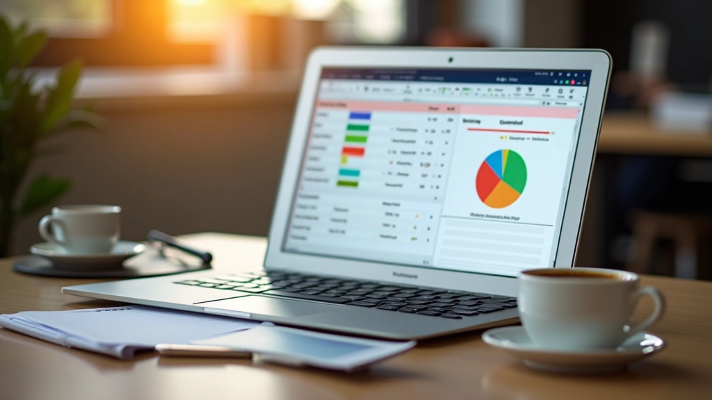Planilha de mapeamento de competências em computador portátil, cores diferentes para cada competência, vista de cima, workspace limpo e organizado