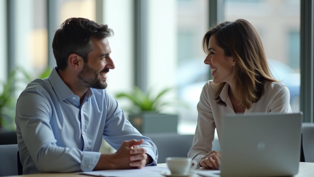 Gerente e membro da equipa em conversação construtiva sobre progresso de projeto, ambiente profissional amigável