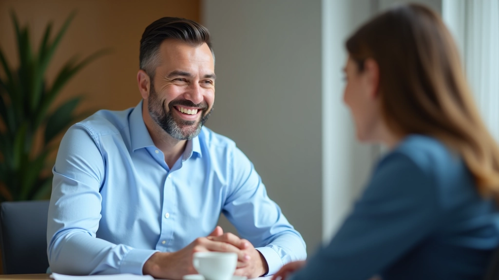 Dois profissionais numa conversa de feedback positiva, gestor com expressão encorajadora, ambiente calmo e privado, mesa com dois cafés