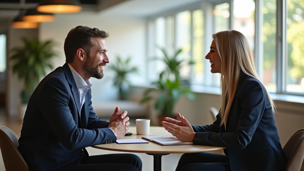 Duas pessoas em conversa produtiva num espaço de trabalho tranquilo