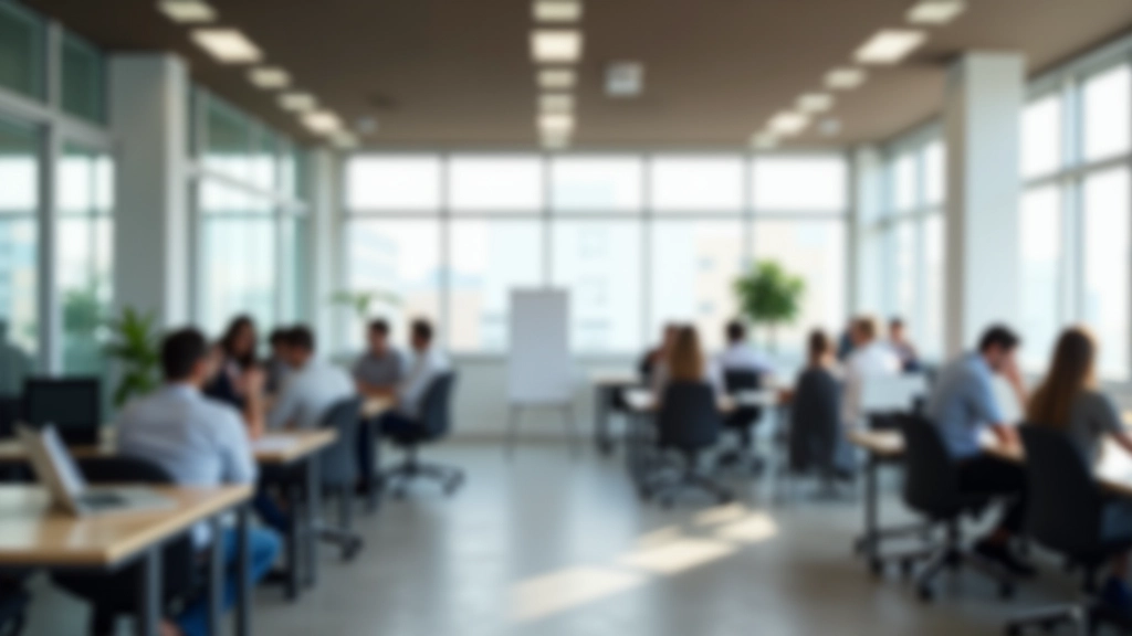 Ambiente moderno de escritório com equipa colaborativa em reunião de trabalho