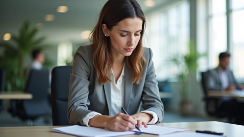 Pessoa a tomar notas durante uma conversa de feedback com colega, mesa com caneta e caderno, ambiente profissional calmo