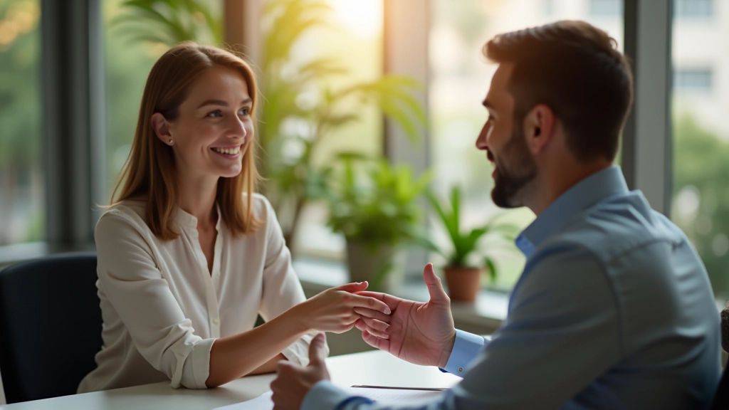 Profissional apresentando feedback positivo a colega durante reunião de desenvolvimento de carreira